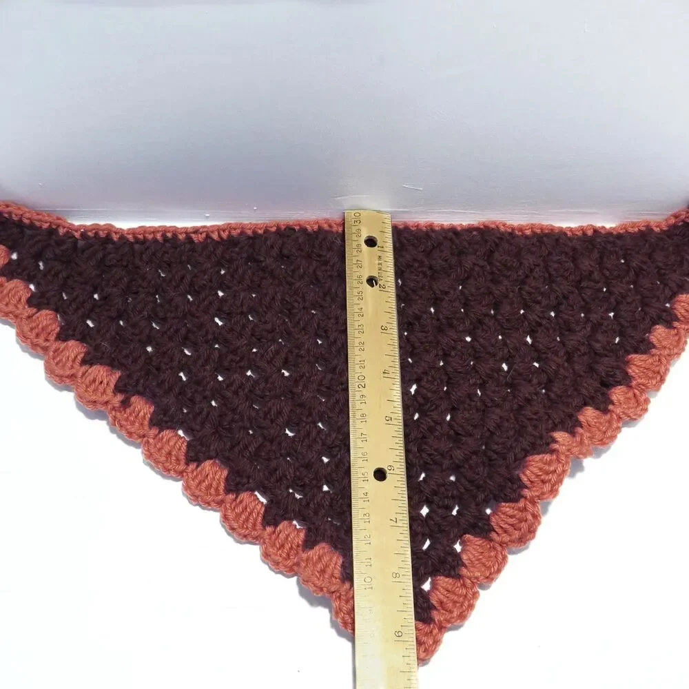 Handmade Crocheted Bandana Women Brown with Caramel Trim Boho Hippie Ruffle Edge
